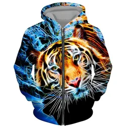 Fashion Tiger Lion 3D Printed Hoodie Men's Fashion Sportswear with Zipper Animal Pattern Sportswear Street Coat