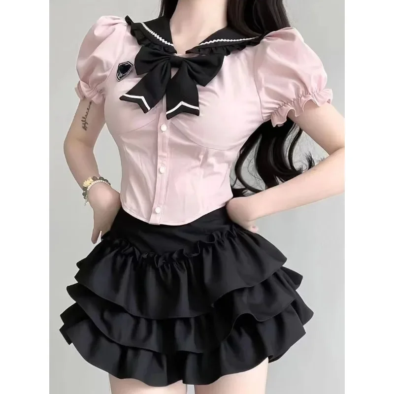 

Японский кавайный комплект из двух предметов с юбкой, женский повседневный укороченный топ Y2k, блузка + мини-юбка, корейские модные костюмы, даже наряды для вечеринок, облегающие