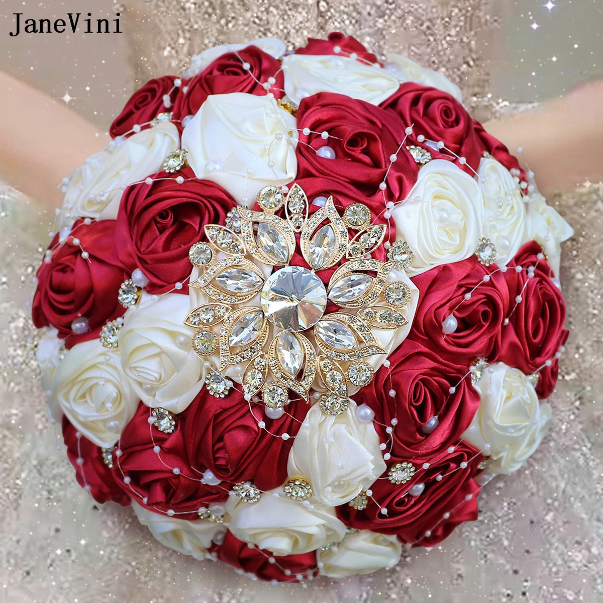 

JaneVini Sparkly Gold Rhinestones Dark Red Bridal Bouquets with Pearls Artificial Satin Roses Wedding Flower Bouquet Customized