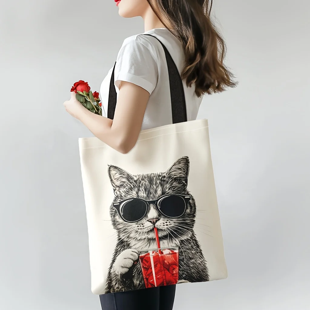 Fashion Elements Katze mit Cola-Einkaufstasche, stilvolle wiederverwendbare Einkaufstasche aus Polyester, niedliche Handtasche mit Katzen- und Cola-Print-Design