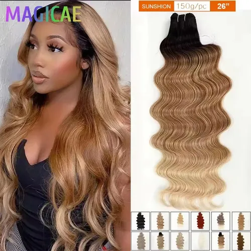 Paquetes brasileños de la onda del cuerpo de 30 pulgadas 200G Sunshine Ombre Brown resaltan rubio 27/613 #   Pelo sintético de alta temperatura coloreado