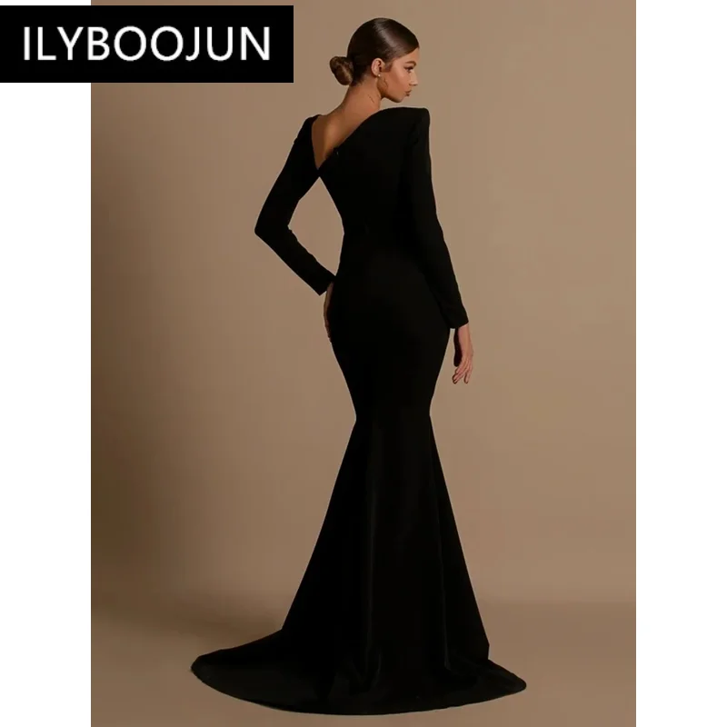 Robe de Rhélégante à manches longues pour femmes, robes de soirée sexy, diamant creux, noir, longueur de vadrouille formelle, marque