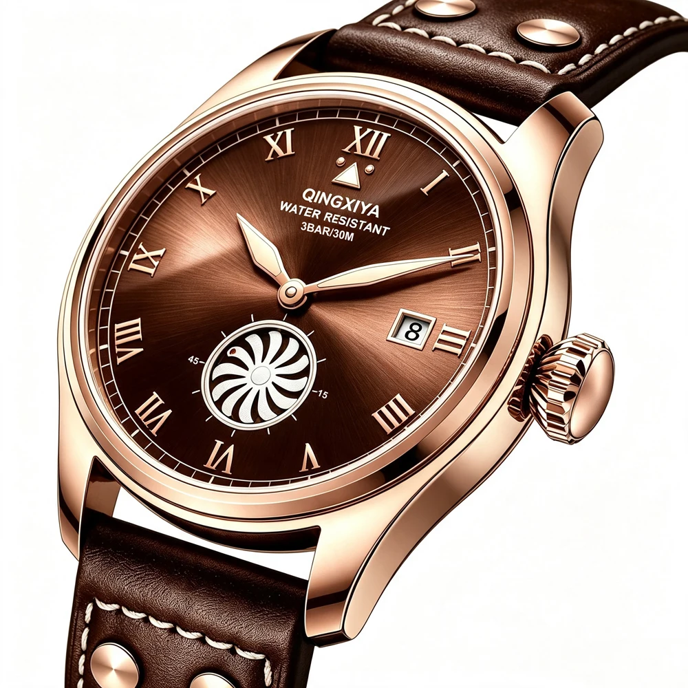 QINGXIYA Marken-Modeuhren für Herren, Turbinen-Sekundenanzeige, Quarzuhr für Männer, Hochwertige Leder-Armbanduhr, Wasserdicht, mit Datumsanzeige – Detail 13