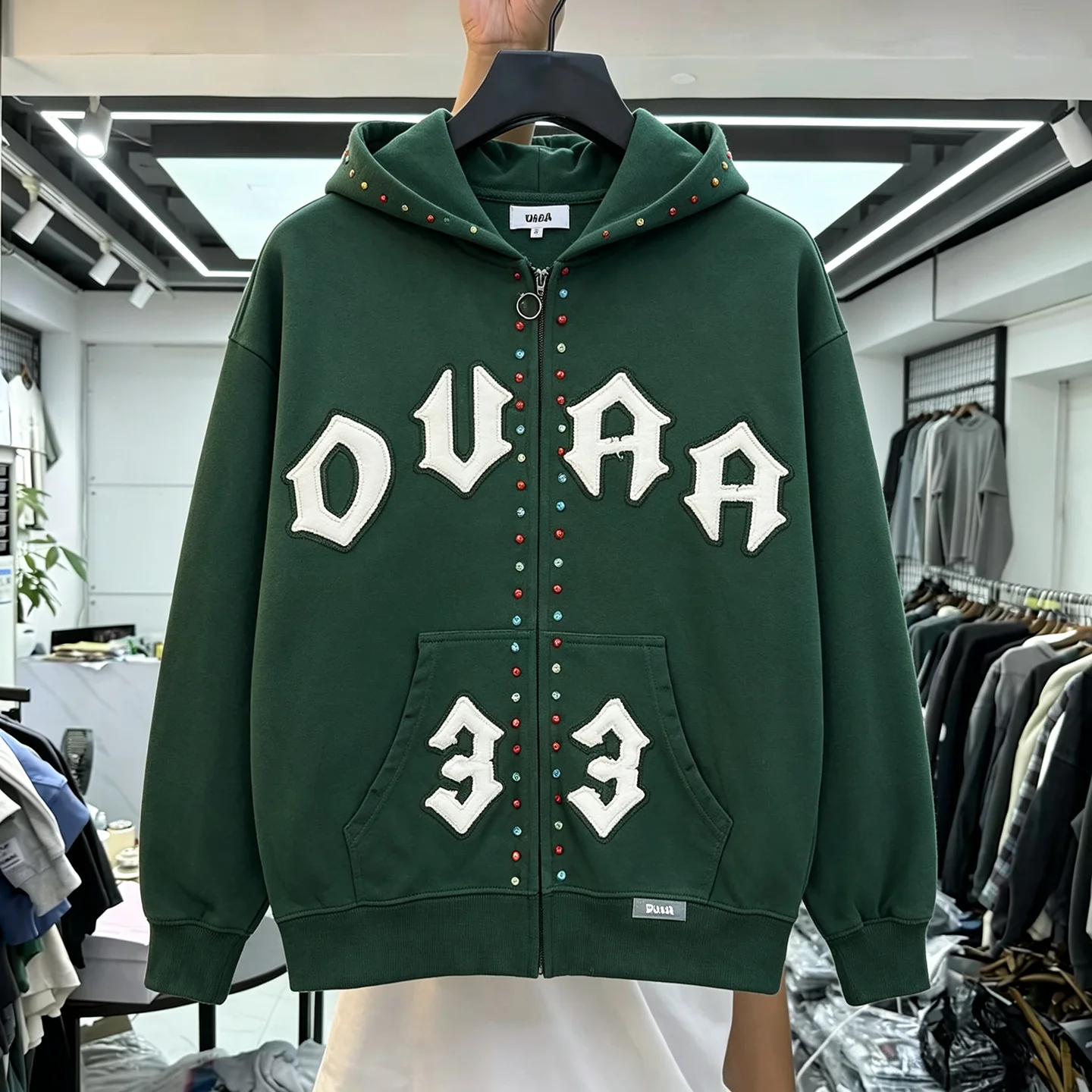 American High Street Patchwork Embroidered Rhinestone Hooded Open Cardigan Sweatshirt Loose Cuffed Zipper Fleece Outerwear
