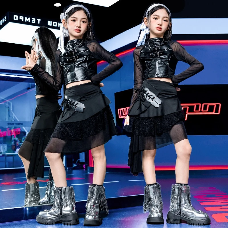 

Одежда для джазовых танцев для девочек, черные топы с открытым животом, юбка нестандартной формы, наряды для выступлений в стиле чирлидинга, детский костюм для танцев в стиле хип-хоп, K-pop, BL18123