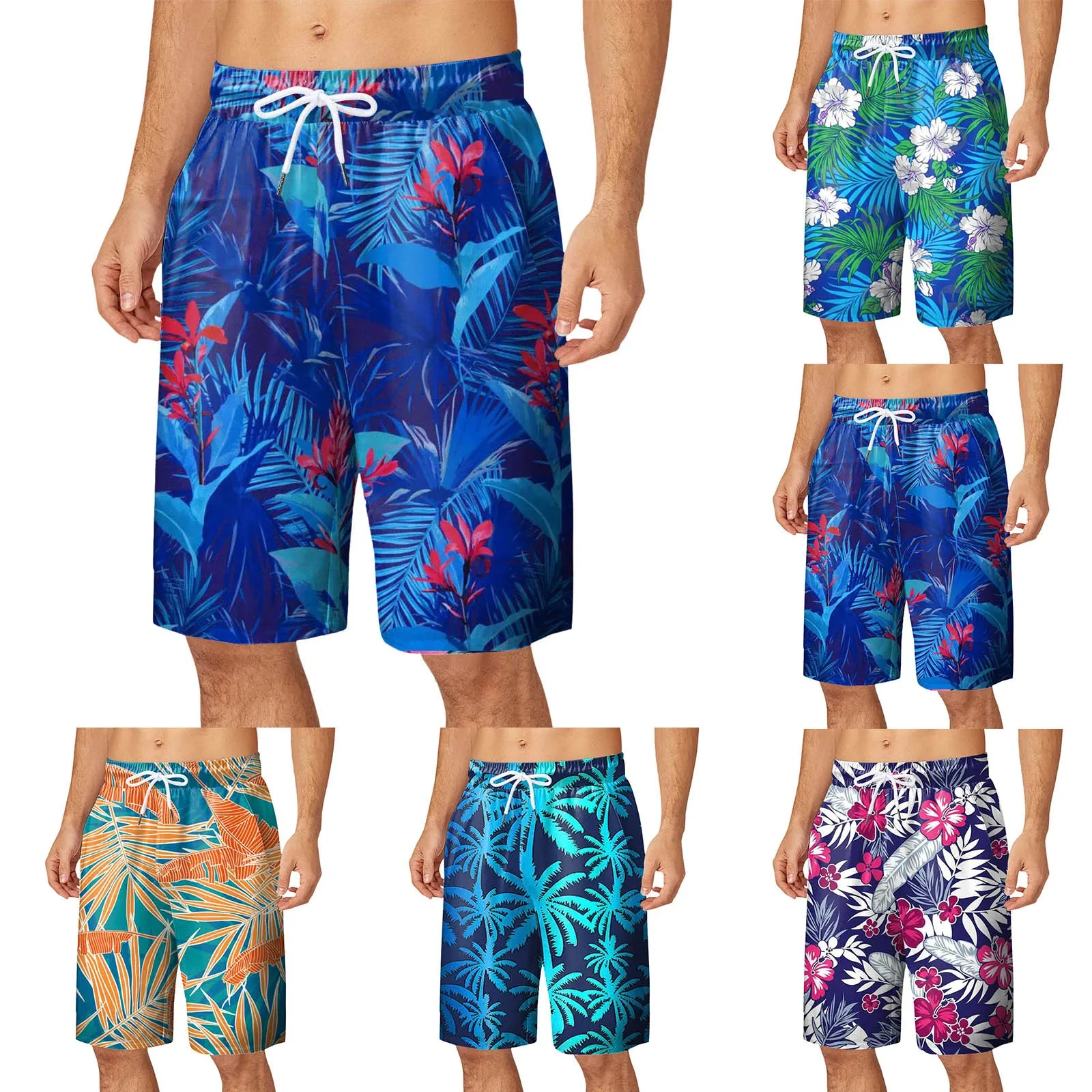 Men's Hawaii Flower Beach Shorts 3D Printed Summer Vacation Swim Trunks Quick Dry Board Shorts Elastic Waist Casual Swimwear
