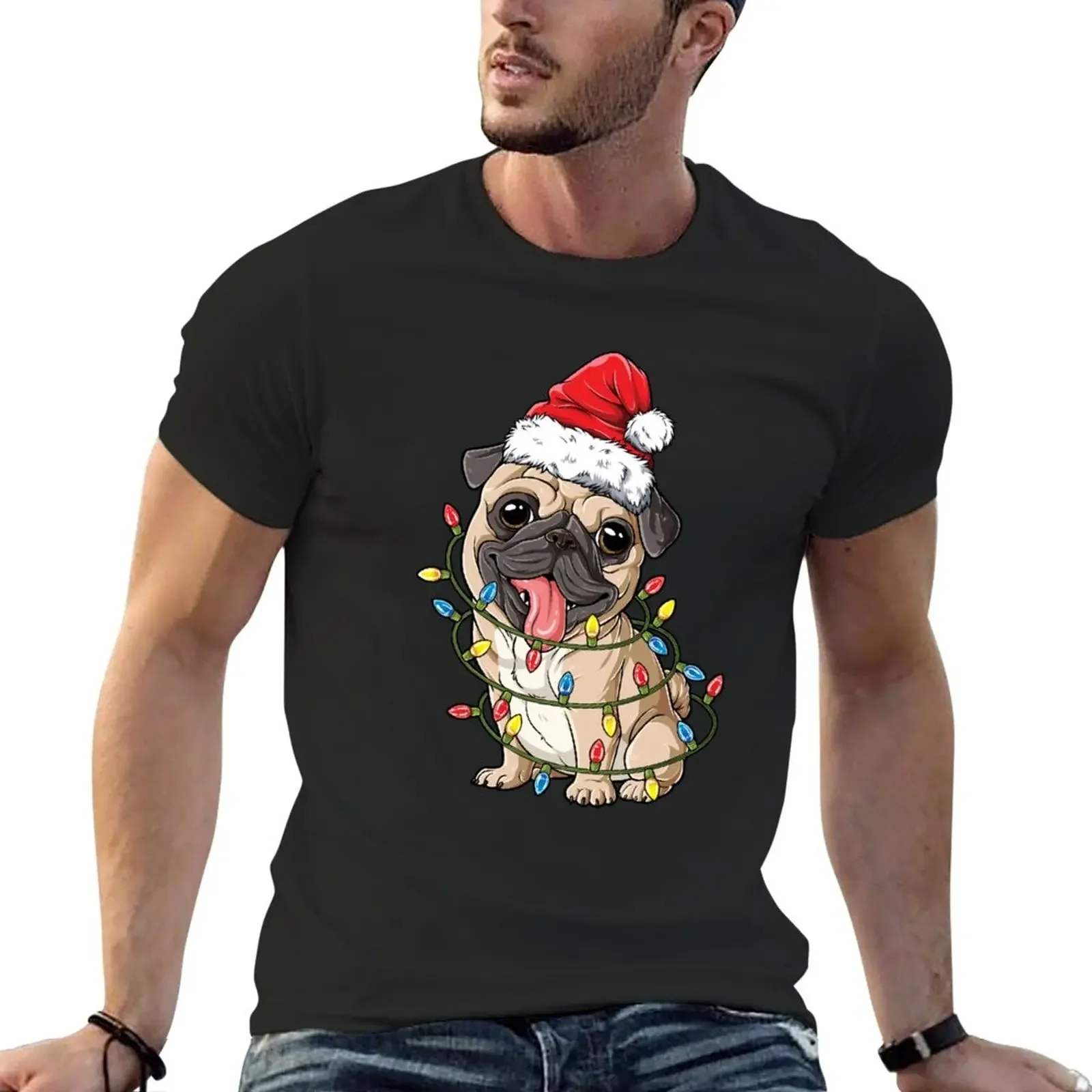 Pug Christmas Shirt Santa Hat Xmas Lights Boys Pugmas Dog T-Shirt shirts graphic tees quick-drying oversized t shirt men