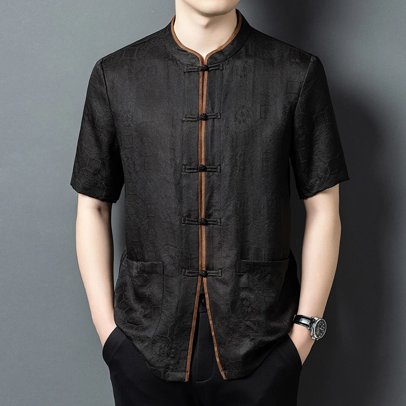 

Шелковые рубашки в стиле Тан (100% шелк) для мужчин, с коротким рукавом, на пуговицах-лягушках, летние, качественные, приятные для кожи, удобные, с карманом, Camisas De Hombre
