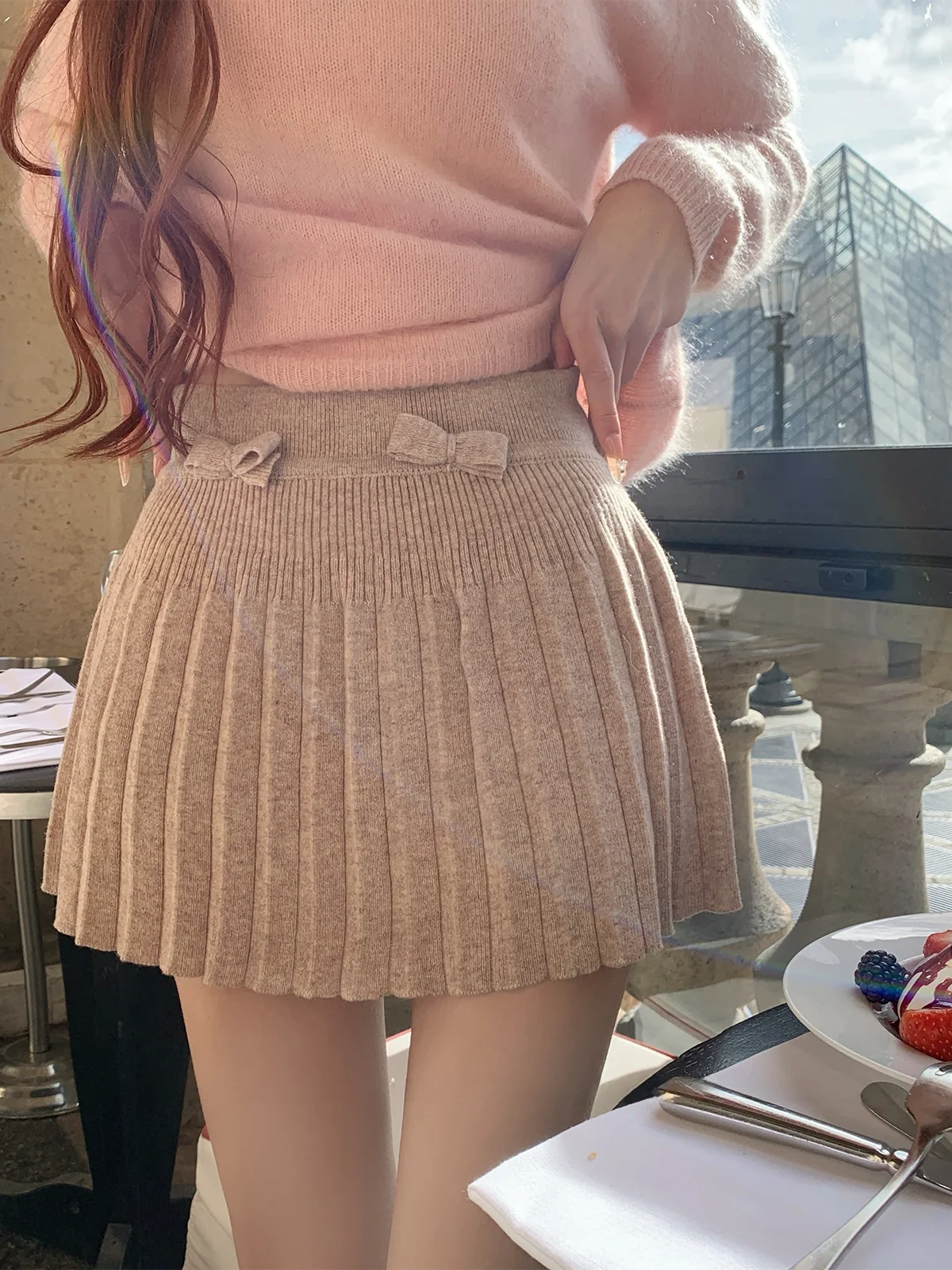 

Comfortable Knitted Tee-Color Pleated Skirt with Knot Waist High Waist Princ Sle Woolen Skirt for Girls