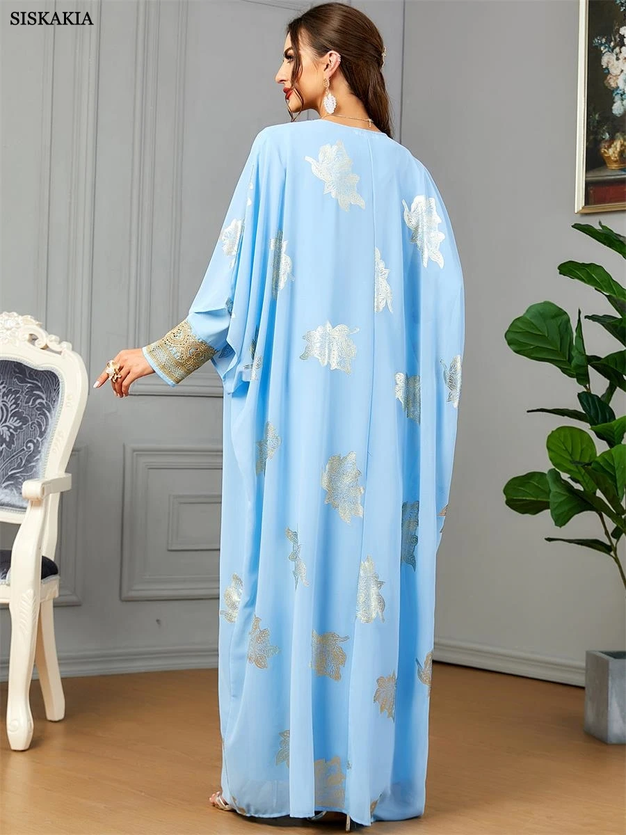 Siskakia Dubai Luxury Set Solid Long Dress And Chiffon Abaya Fashion Floral Gold Stamping Lace Tape Moroccan Evening Clothing