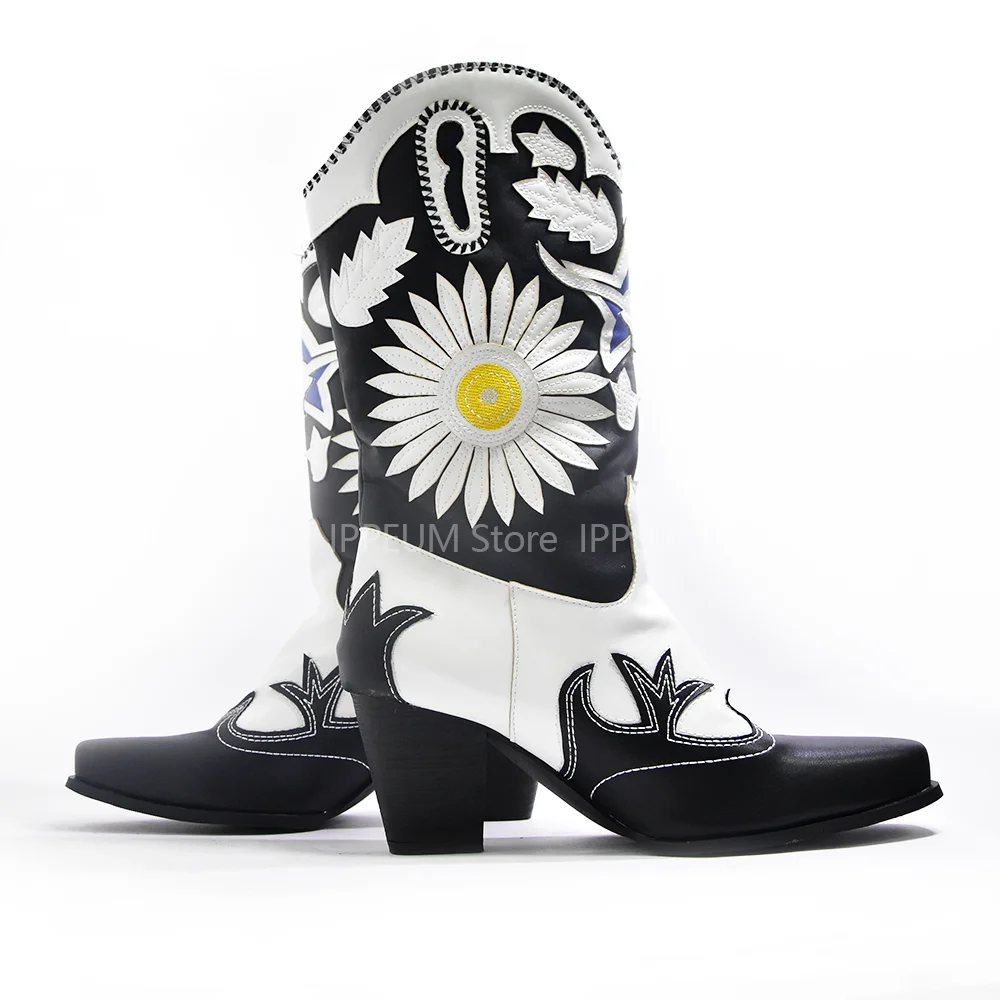 IPPEUM Western Cowgirl Boots Flower Cowboy Boots Chunky Heels Wedge Boots Women Shoes Winter Sunflower Boots Luxury Brands