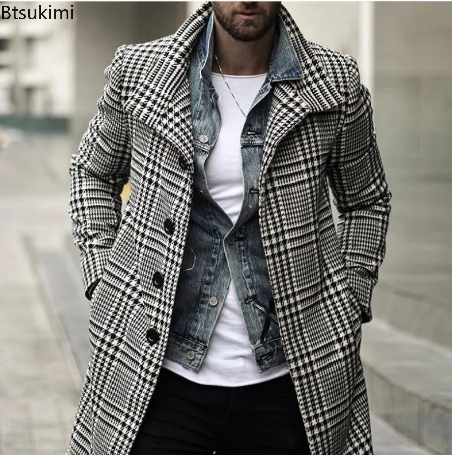 Men's Checkered Lapel Wind Coat Loose Comfortable Retro Fashionable Versatile Single Breasted Autumn Winter Mid Length Jacket