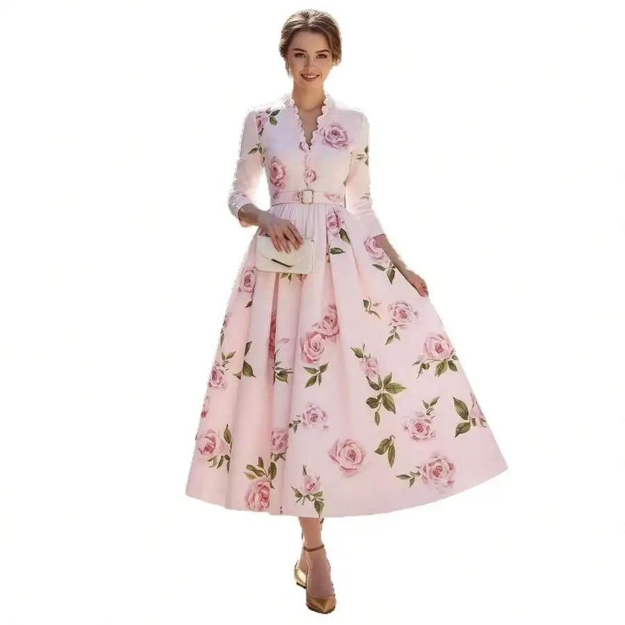 

Pastel Pink Rose-Printed V-Neck Long Sleeve A-Line Midi Dress With Removable Waist Belt, Vintage Elegant Women’s Fashion