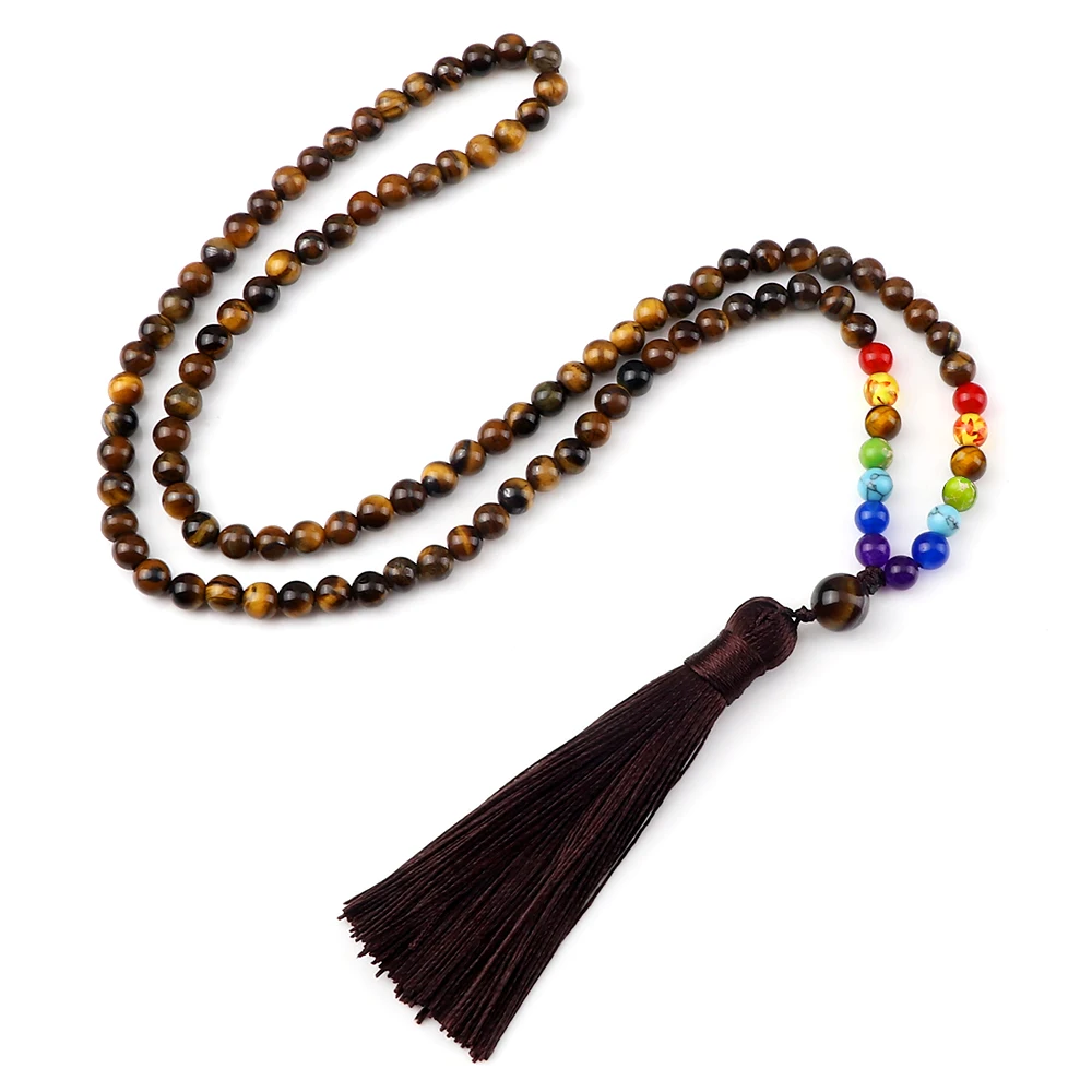 Men's Tiger Eye Beads Necklace 108 Mala Natural Black Onyx Stone Lava Beads 7 Chakra Necklace Women Handmade Prayer Jewelry Gift