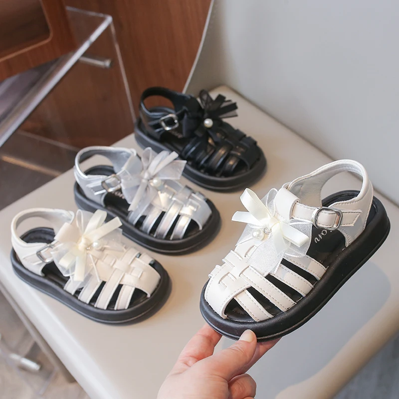 Girls Weave Roman Sandals with Lace Bow-knot Non‑slip Children Summer Beach Shoes Kids Toes Capped Sandals Soft Bottom