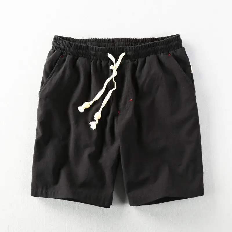 Fashion Simplicity Men Summer Street Casual Flax Elastic Waist Solid Color Thin Style Pulling Rope Breathable Large Size Shorts