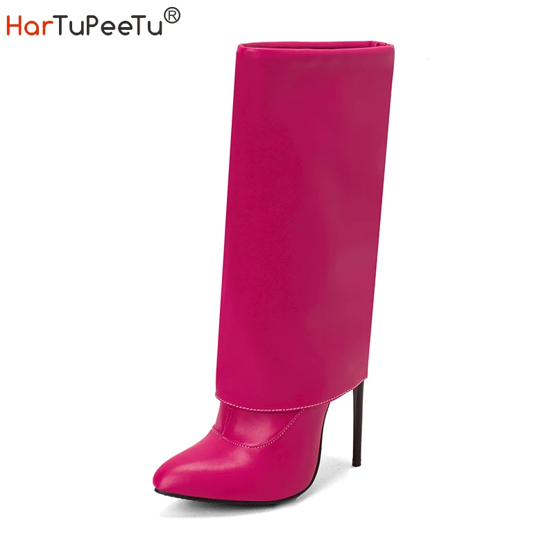 

Fashion Mid Calf Boots Women Super Thin High Heels Shoes Concise Four Seasons 5 Colours Zipper Split Turndown Stiletto Size 43