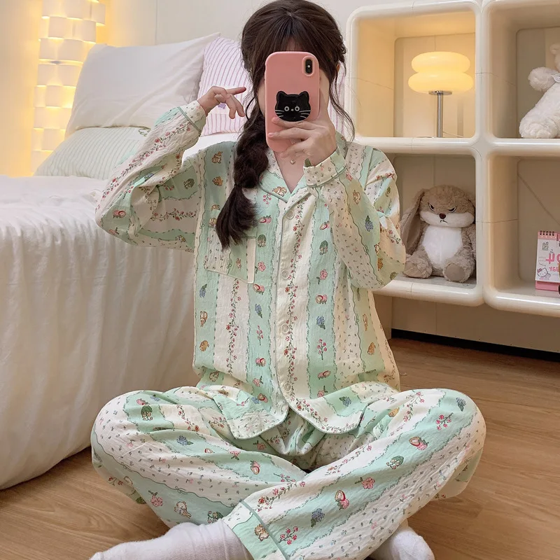 

Пижамный комплект женский из 2 предметов, хлопковая одежда для сна в полоску, с принтом кролика, облаков, Повседневная универсальная Пижама, Осень-зима