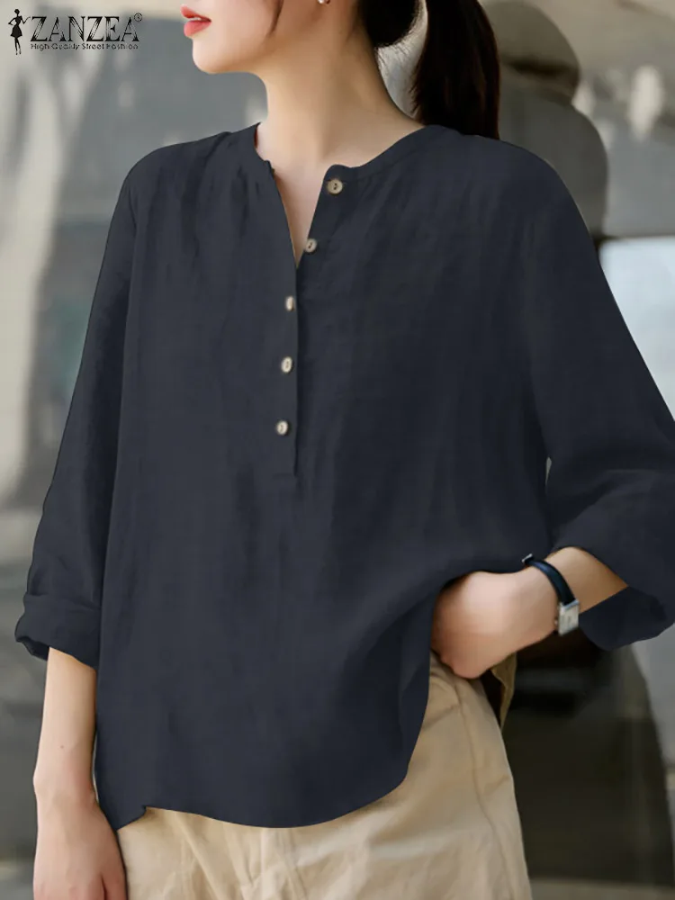 ZANZEA Women Spring Fashion Blouse Cotton Full Sleeve O-Neck Solid Color Blusas Female Casual Elegant Shirt Work OL Tops 2023