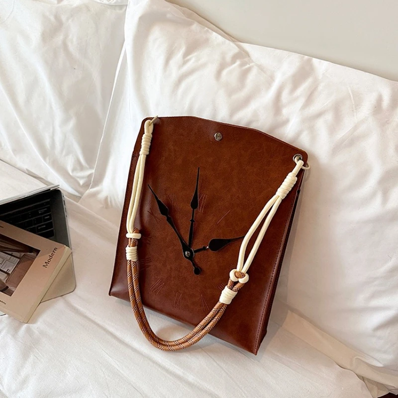 Vintage Clock Print Shoulder Bag Retro Roman Numeral Pattern Casual PU Leather Tote Bag Light‑weight Daily Shopping Handbag