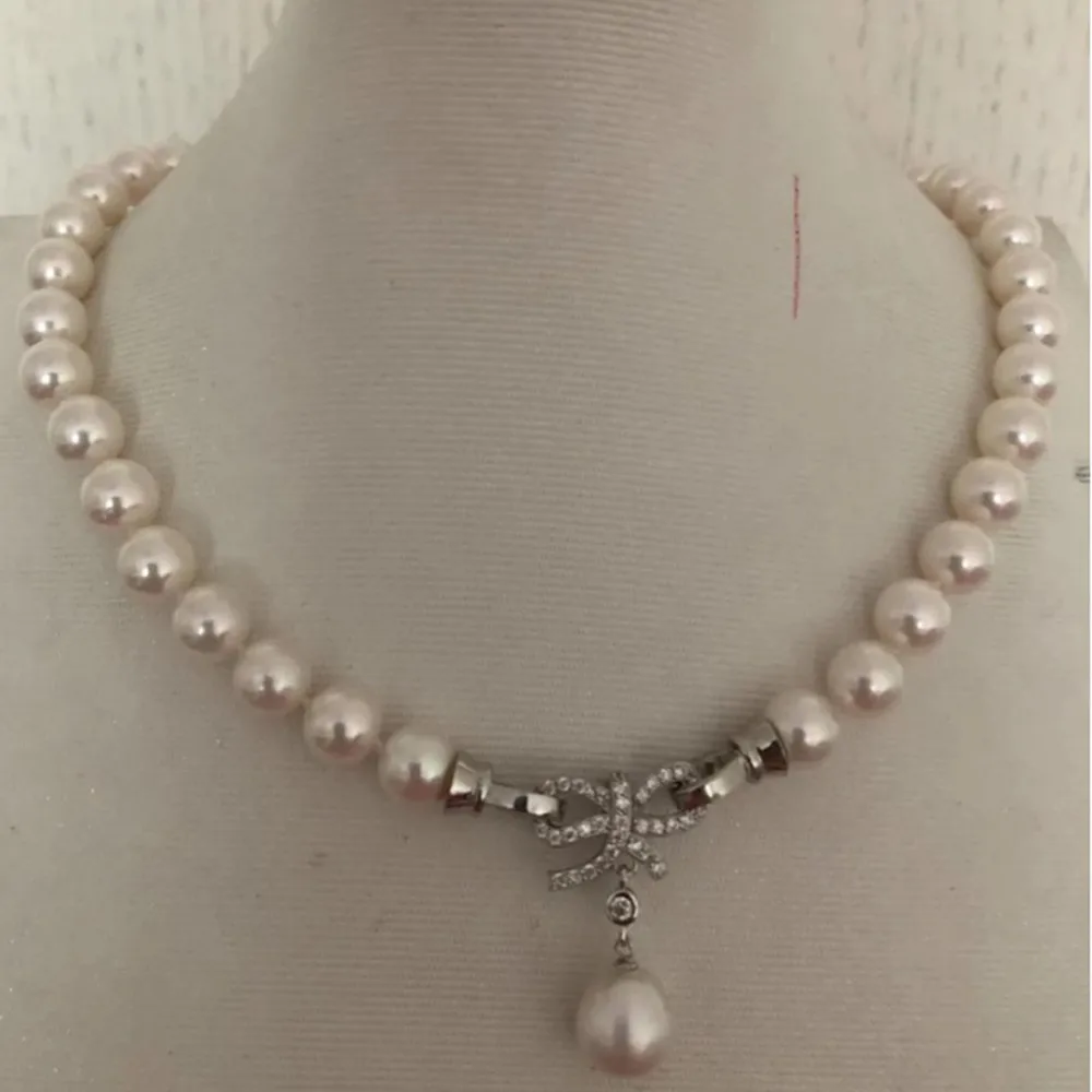 Hand knotted 9-10mm white freshwater pearl necklace 18inch for women micro inlaid zircon pendant fashion jewelry