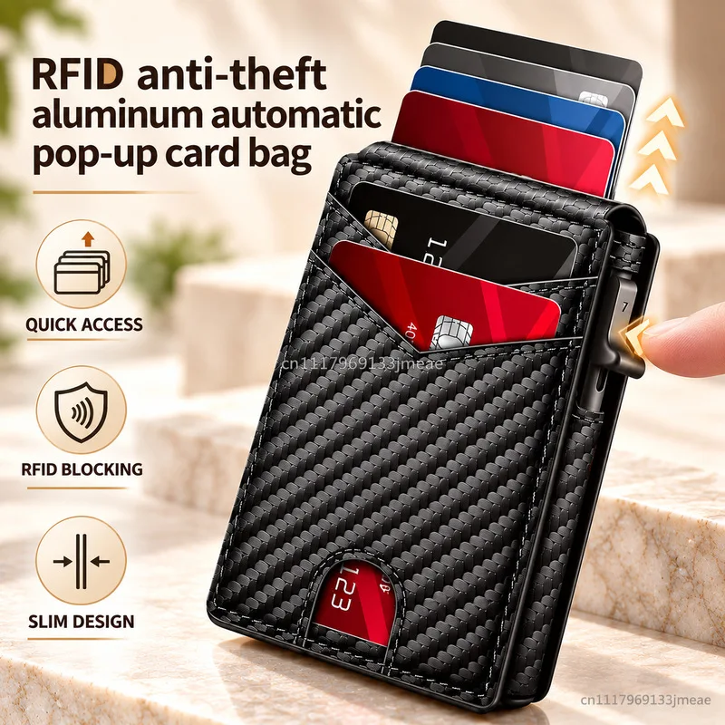 Men RFID Blocking Slim Wallet, Automatic Pop Up Aluminum Card Holder Magnetic Bifold Carbon Fiber Leather With ID Window