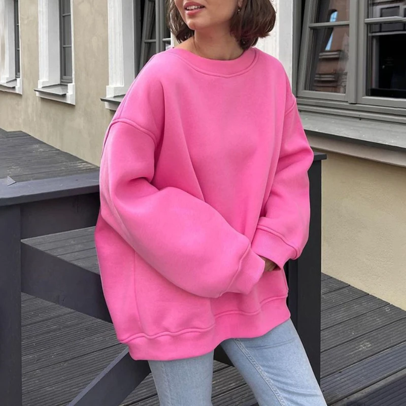

Round Neck Loose Fit Women's 2025 Autumn and Winter Street Solid Color Oversize Fleece Pullover Hoodie
