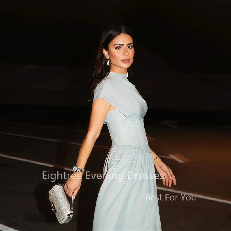 Eightree Elegant Dubai Evening Dresses O Neck Cap Sleeves Homecoming Prom Gowns Soft Satin Party Dresses Tea Length Abendkleider