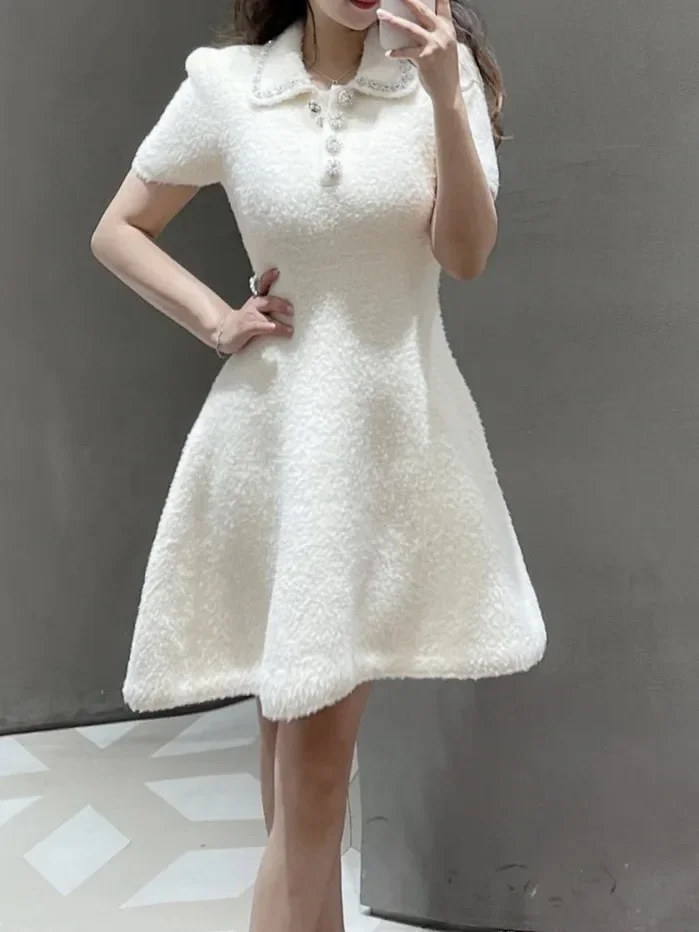 Women's Ivory White Pearl Dress Lapel Slim Fit Knitted Elegant Evening Birthday Party Mini Dress for Women