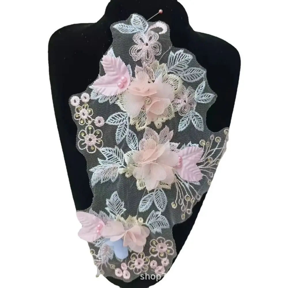 Fashion Pink Sequin Applique Patch Lace Fabric Sequin Embroidery 3D Flower Applique 28x19cm Lace Fabric Patch