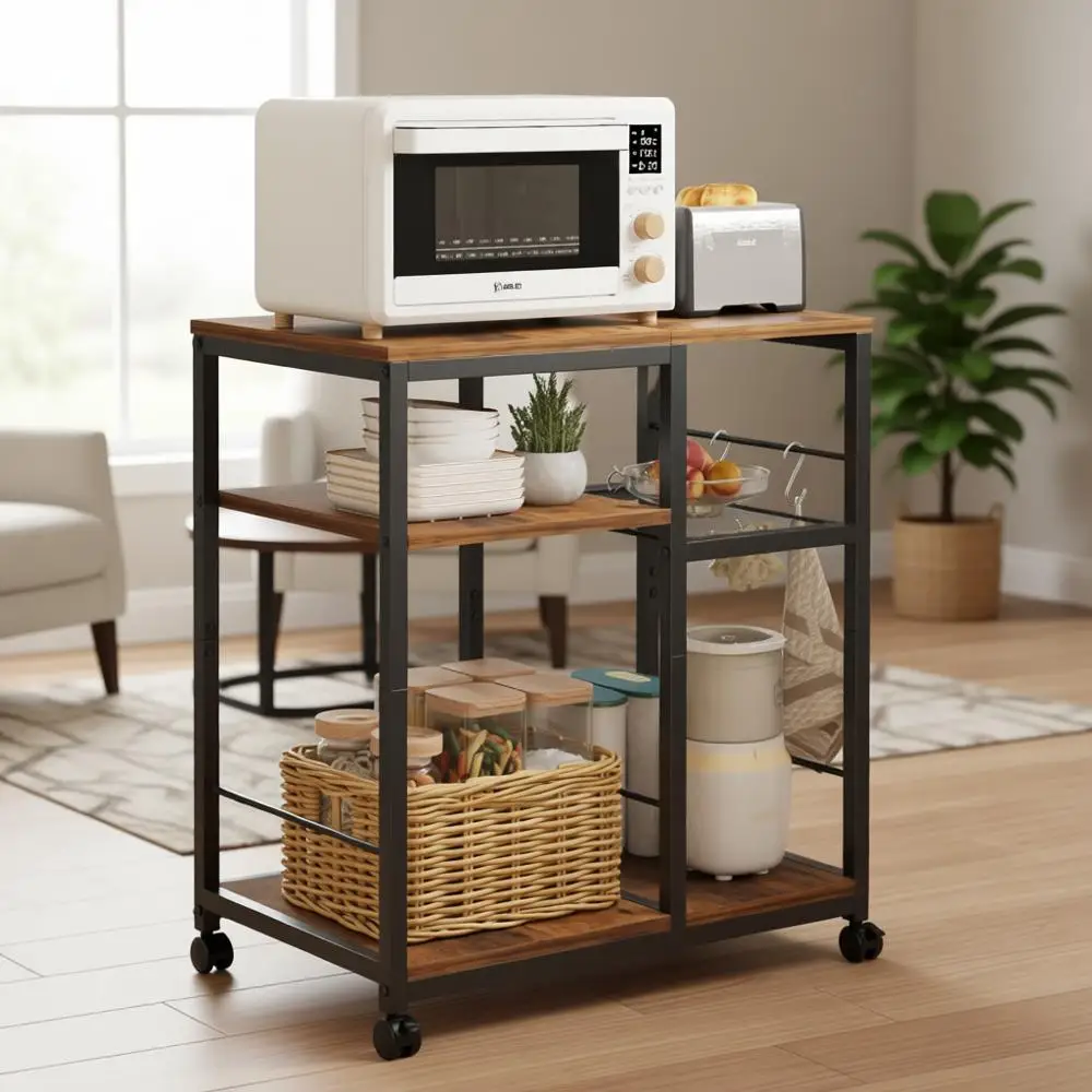Kitchen Microwave Cart with 4-Tier Storage, Rolling Stand, Lockable Wheels, Suitable for Coffee Cart, Buffet Sideboard, Office,