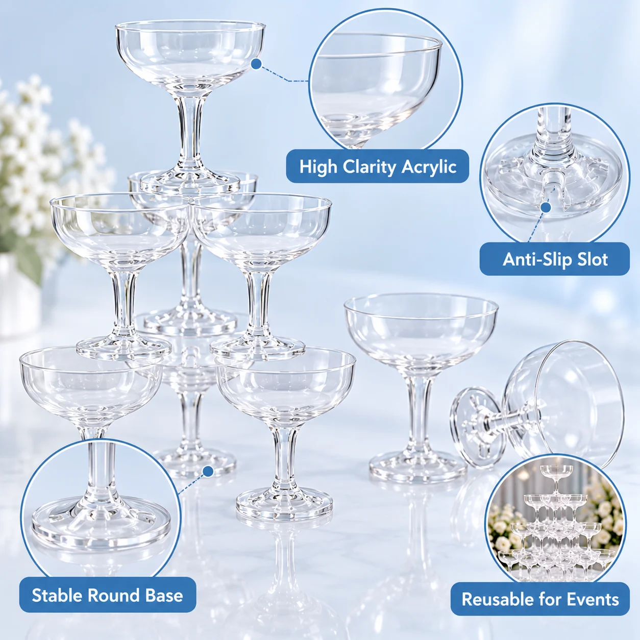 150ml Disposable Transparent Champagne Glass Tower | Clear and Sturdy Tall Plastic Sparkling Wine Glass Dessert Bowl, Suitable for Weddings, Birthday Parties, Christmas and New Year Gatherings, Banquets, Outdoor Picnics, and Family Dinners