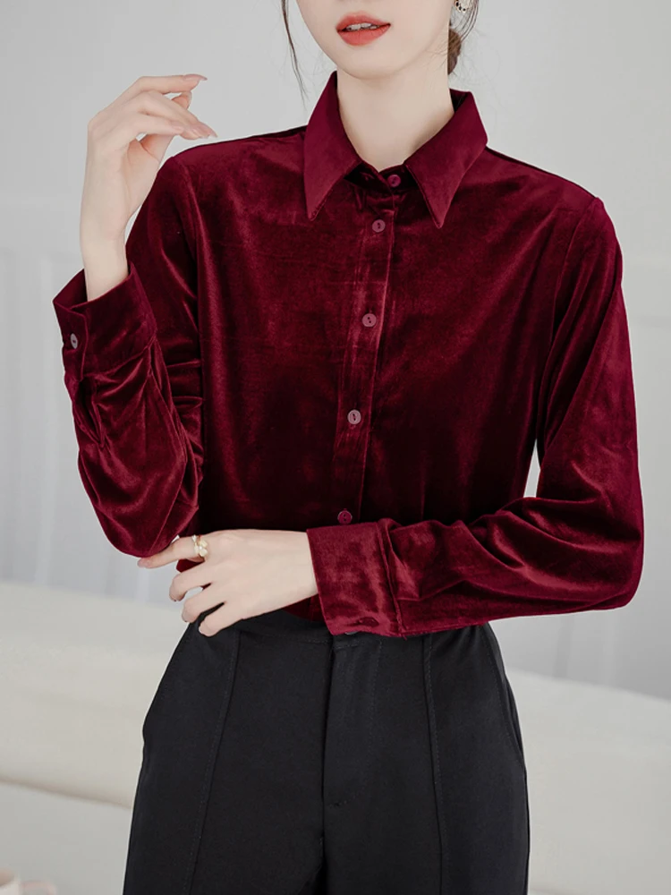 Vintage Wine Red Long Sleeve Blouse Autumn Winter Velvet Chic Versatile Women\'s Clothing Sales Gentle Style Tops Office Lady New