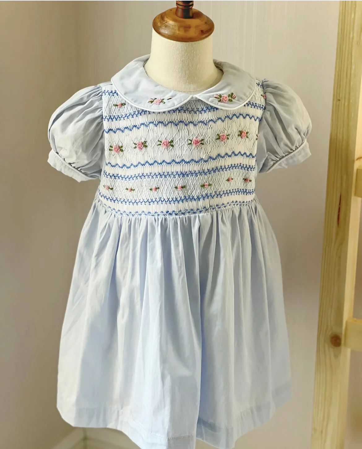 

0-12Y Baby Girl Summer Blue Smocked Handmade Turkish Vintage Princess Dress for Birthday Holiday Photography Eid A40