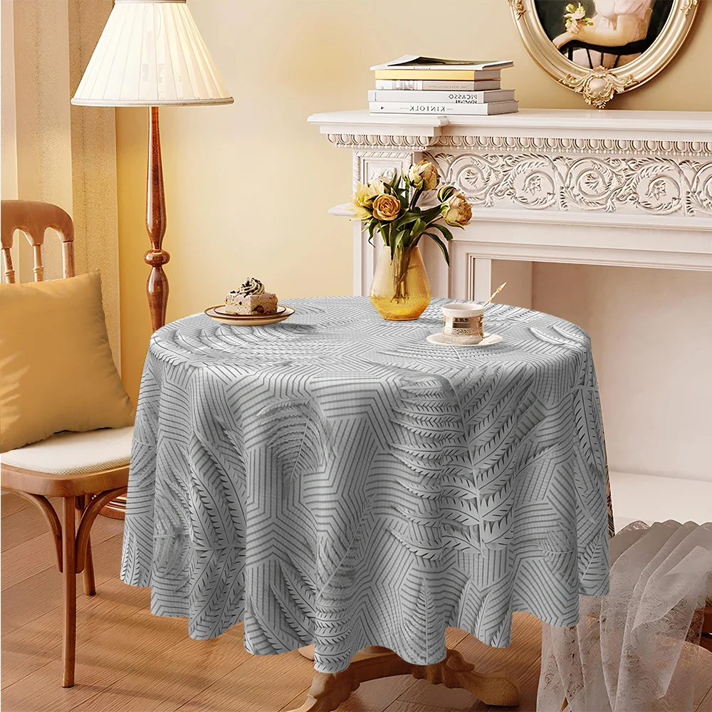 1pc Simple Grey-White Geometric Fern Leaf Print Kitchen/Dining Round Tableclothzyc
