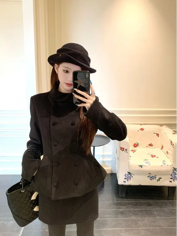   여성용 양모 정장 세트, 더블 버튼 슬림핏, 가을 겨울 패션 의상, 스커트와 재킷 포함