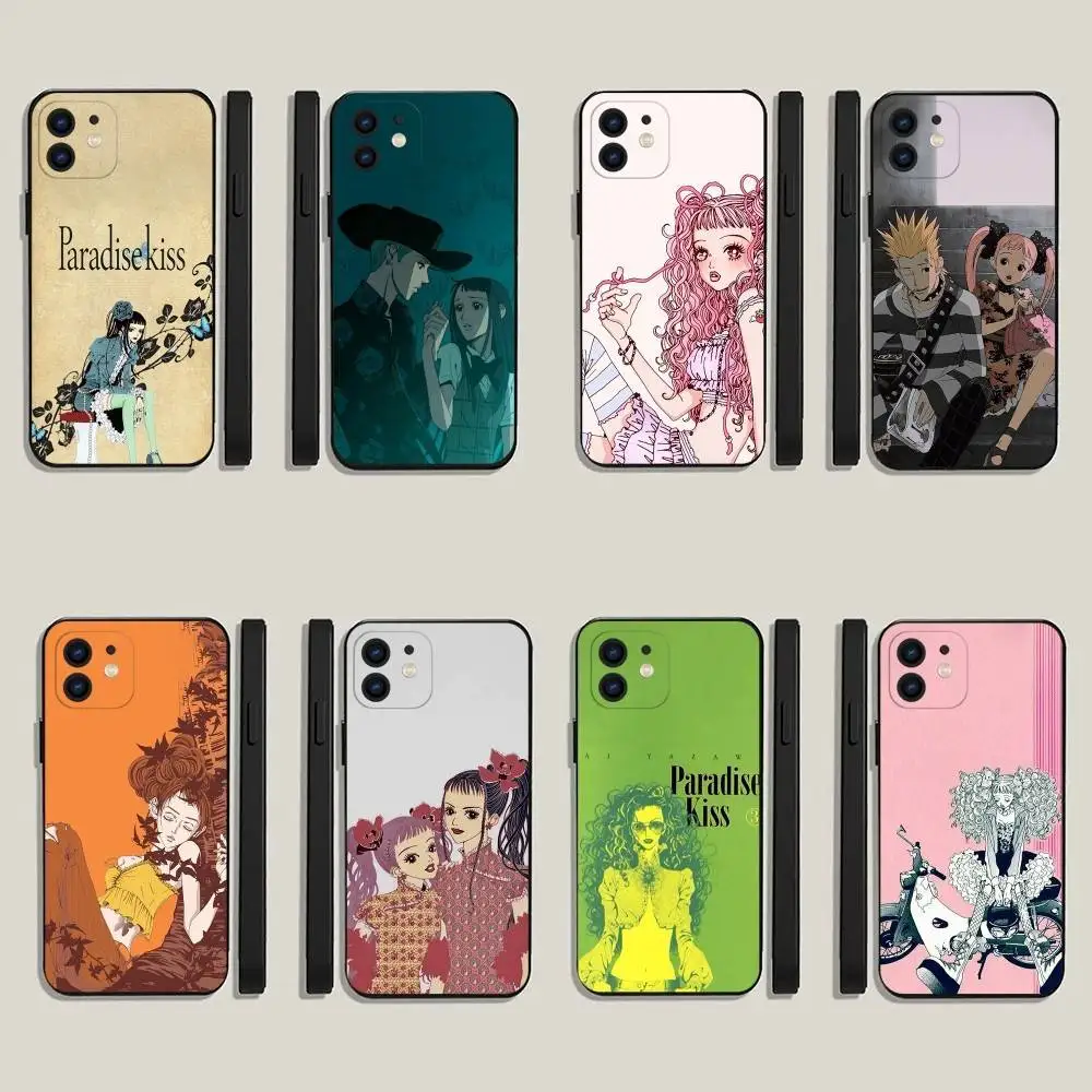 Funda de teléfono P-Paradise Kiss Manga para iPhone16,15,14,13,12,11,Plus,Pro Max,XS,X,XR,SE,Mini,8,7 funda negra de silicona suave