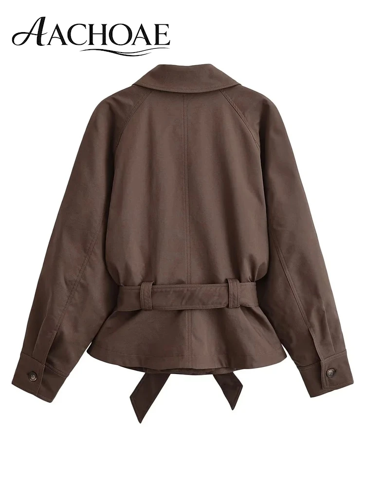 AACHOAE Women Cropped Trench Jacket Vintage Belted Waist Turn Down Collar Long Sleeve Short Coat Elegant Brown Casual Outerwear