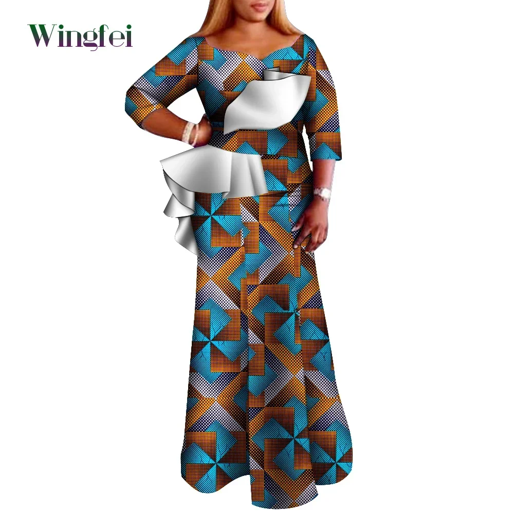 Robe Africaine Femme Ankara Fashion Print African Dresses for Women Dashiki Women Maxi Long Pleated Dress African Clothes Wy9512