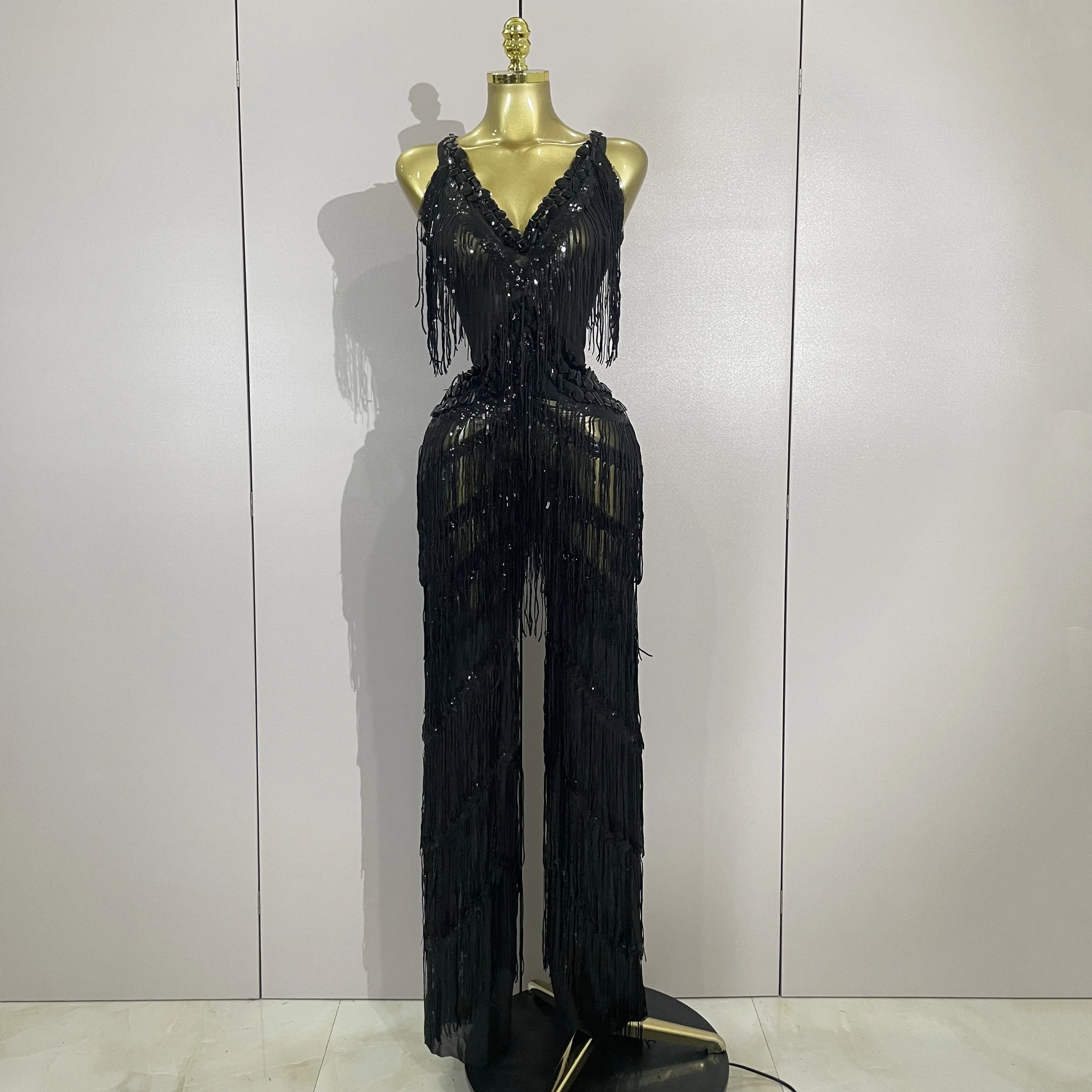 Sparkly Zwarte Strass Lovertjes Fringe jumpsuit Vrouwen Sexy Nachtclub Party Verjaardag Outfit Show Zanger Stage Perform Kostuum - afbeelding 2