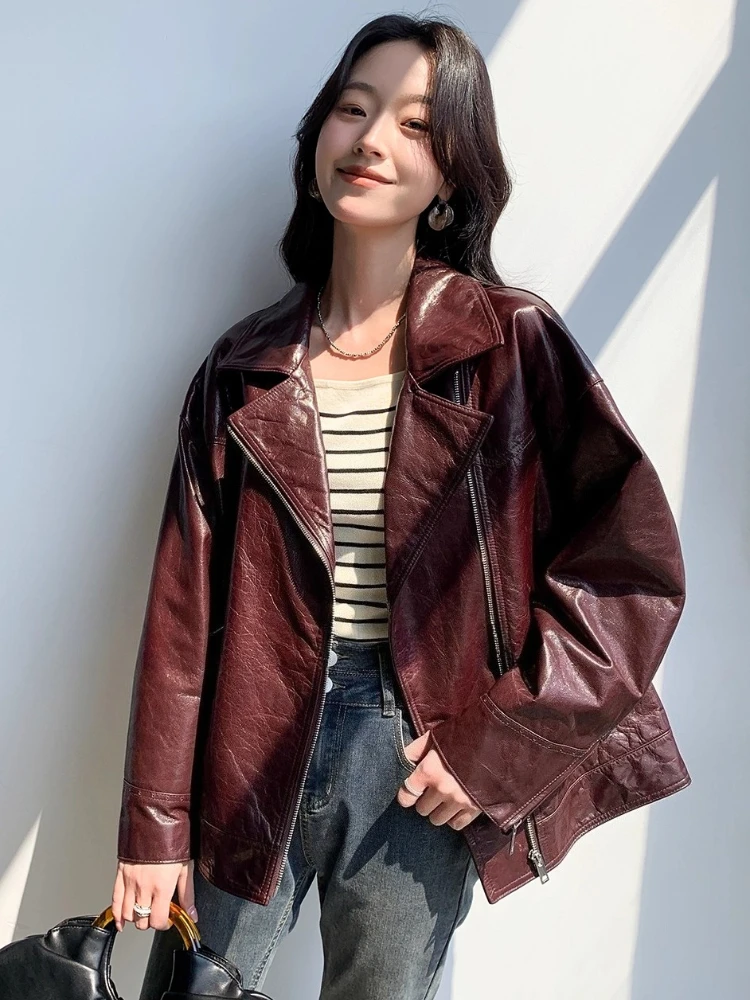 Vestes de moto décontractées en cuir véritable pour femmes, manteau haut de gamme, Simple, ample, cire d'huile douce, en peau de chèvre véritable, printemps automne