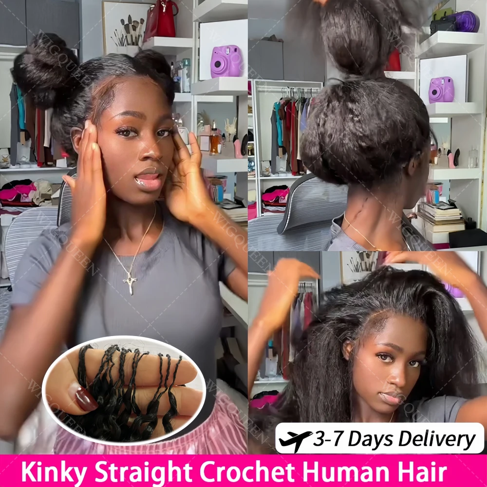 

12A Feather Crochet Hair Kinky Straight Human Hair For Boho Twist Braid Yaki Wave Hair Bundles Invisible Knot Crochet Human Hair