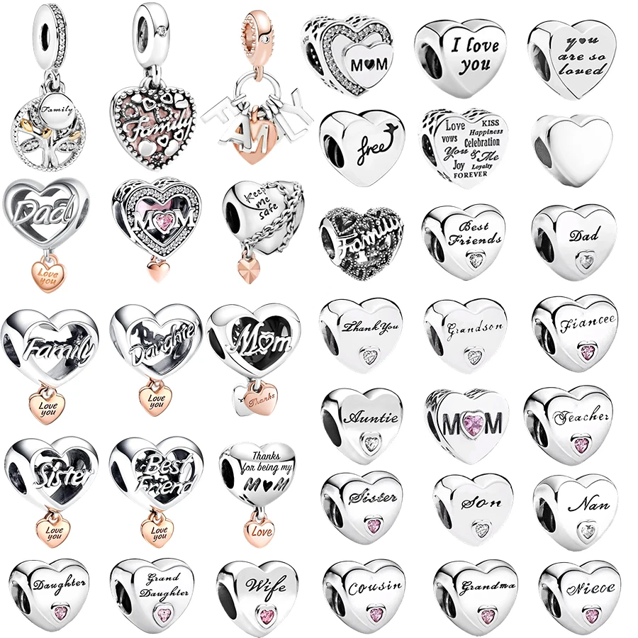 حار بيع DIY صنع شجرة الأسرة تألق 、 أمي القلب والأسرة رسائل استرخى سحر الخرزة صالح الأصلي الأوروبي سوار المجوهرات