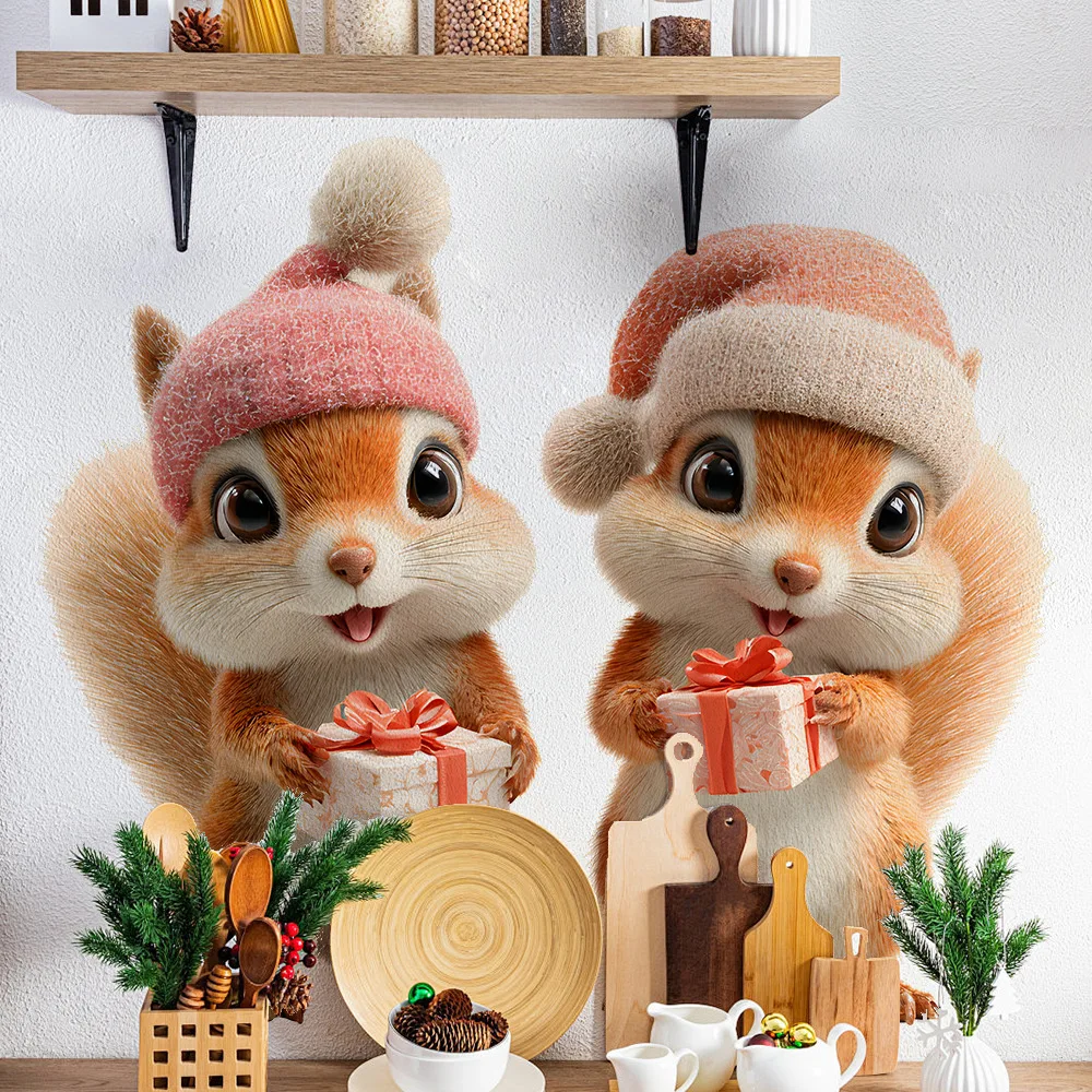 Cartoon Christmas Hat Little Squirrel Christmas Gift Wall Sticker Christmas Room Decoration Wall Sticker Self-Adhesive