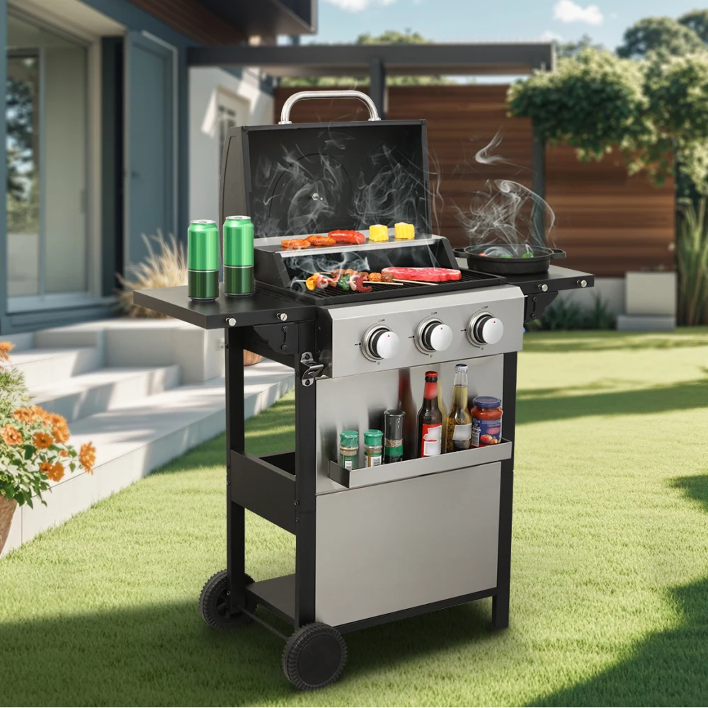 

3-Burner Propane Gas BBQ Grill, 25650BTU Output With Wire Enamel Cooking Grids For Outdoor Barbecue, Foldable Side Table