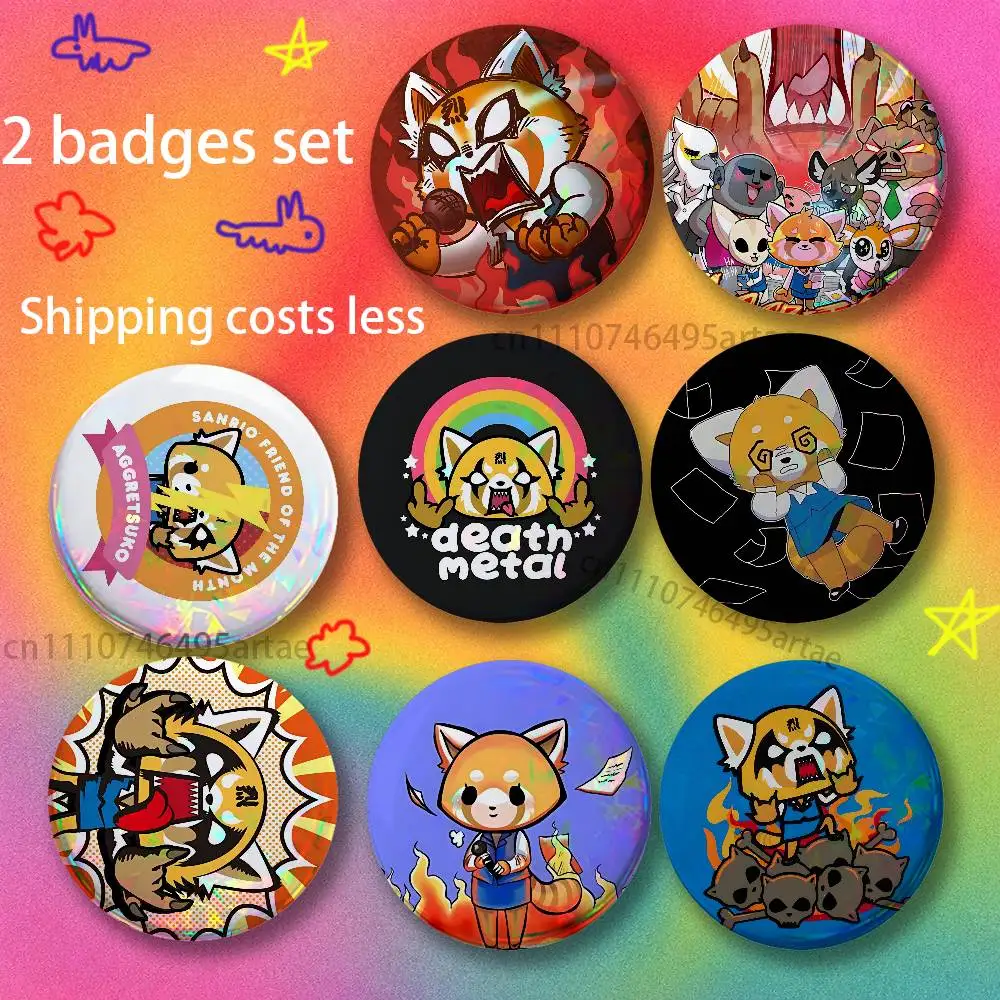 Fur collar fox Aggretsuko Cartoon Singer 2piece set Backpack Clothes Jewelry Accessories Cartoon Round Brooch Button Badge Gifts