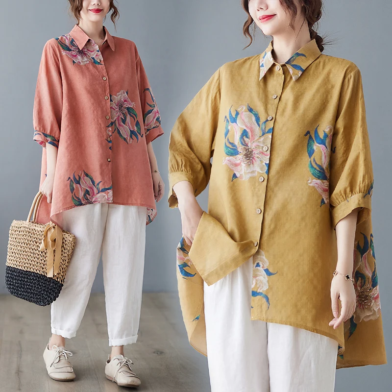 Sli 大きいサイズ レディース レトロ コットンリネン プリント サマー ルーズ ミディ丈トップ トレンド 韓国風 スレカラー 五分袖...