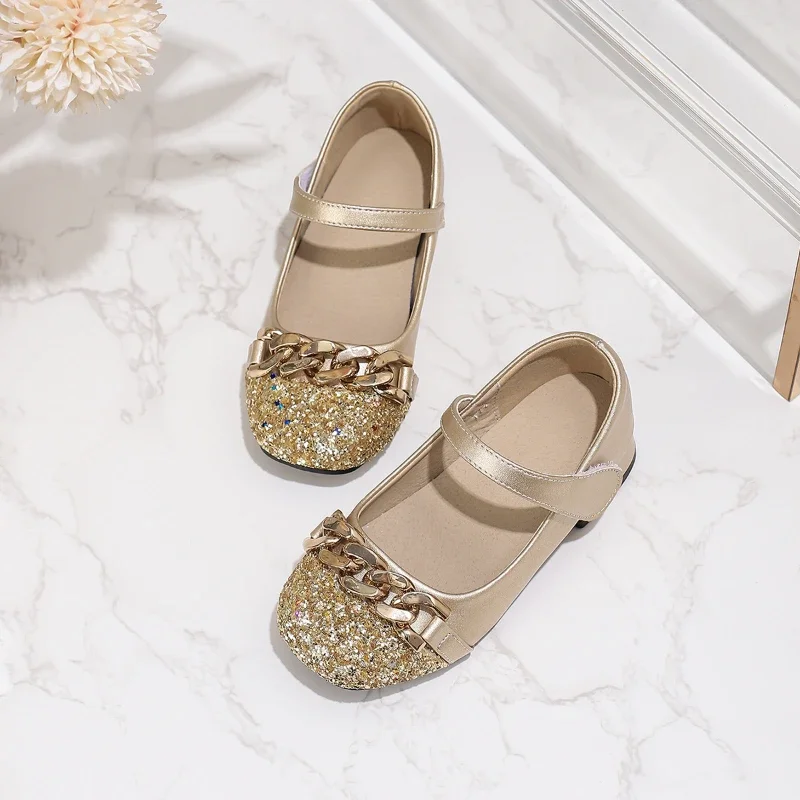 

Girl Dresses Casual Shoes for Wedding Party New Kids Fashion Princess High Heel Shoes Sequins Versatile Children's Leather Shoes
