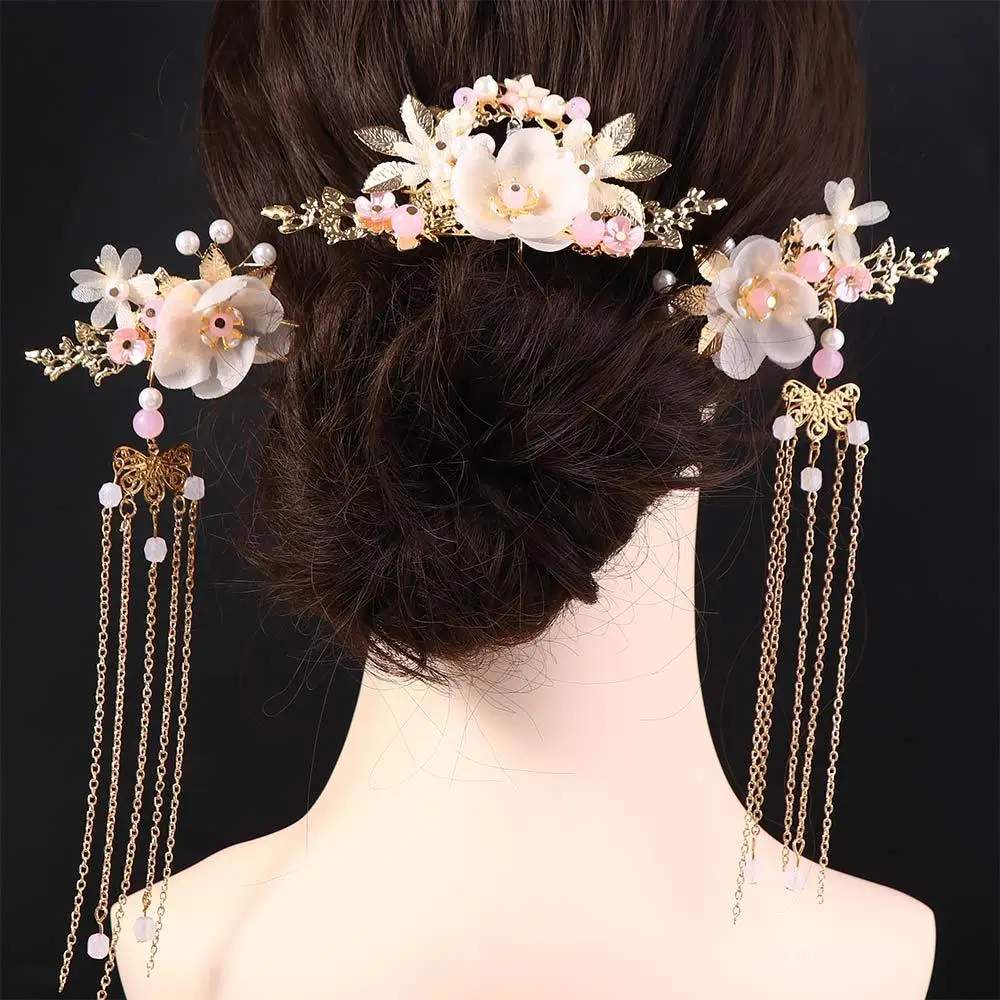 

Hairpins Girls Crystal Long Flower Tassel Handmade Headwear Sets Hair Comb Earrings Hanfu Hair Stick