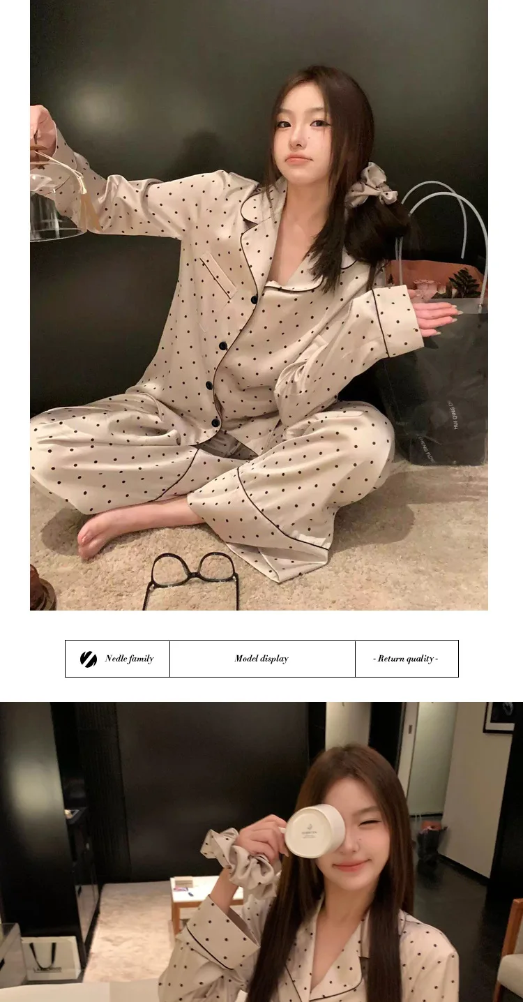 French High Sense of Nachtwäsche Damen Frühling und Herbst Neuer einfacher Polka Dot Langarm Lange Hosen Eisseide Homewear Mode Anzug – Detail 7